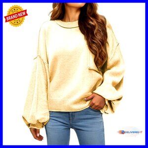 Oversized Ribbed Pullover Sweater Lantern Sleeves Relaxed Fit Cozy Knitwear